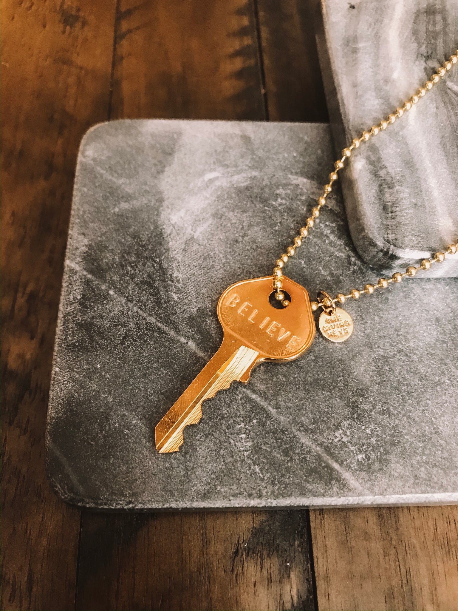 BELIEVE Ball Chain Key Necklace- Gold