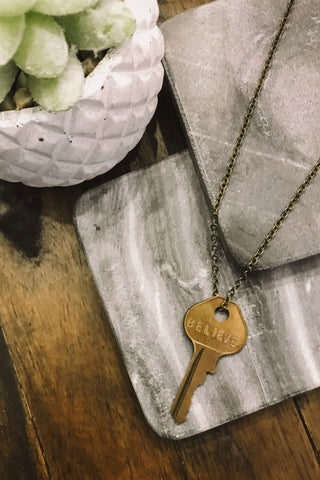 BELIEVE Classic Key Necklace- Oxidized Brass